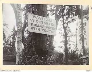 SORAKEN, BOUGAINVILLE. 1945-06-02. ONE OF THE VERY COMMON SIGNS IN THE AREA TELLING MEMBERS OF 2 MOUNTAIN BATTERY TO TAKE PRECAUTIONS WITH ANY VEGETABLES OBTAINED FROM JAPANESE GARDENS