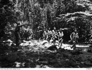 NX151701 Major H.M. Lyon, B Company, 1st New Guinea Infantry Battalion supervising his patrol as they cross the Oiva River