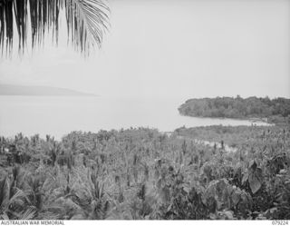 KAMANDRAN, NEW BRITAIN. 1945-02-21. HENRY REID BAY, LOOKING EAST, THE NORTH SHORE OF WIDE BAY CAN BE SEEN ON THE LEFT, WITH THE MELKONG RIVER MOUTH, KAMANDRAN MISSION JETTY AND BROWN ISLAND ON THE ..