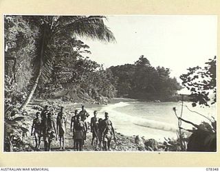 SAMPUN, NEW BRITAIN. 1945-01-14. NATIVE TROOPS OF THE ALLIED INTELLIGENCE BUREAU WALKING ALONG THE BEACH TRACK ON THEIR WAY TO THE TAGUM VILLAGE