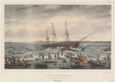 La corvette l'Astrolabe en perdition sur des récifs, Tonga-Tabou / de Sainson pinxt.; A. St. Aulaire lith.; fig. par V. Adam