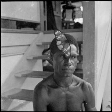 Aiau, the Chinnery's garden boy with a live butterfly in his hair,  Malaguna Road, Rabaul, New Guinea, ca. 1936, 2 / Sarah Chinnery