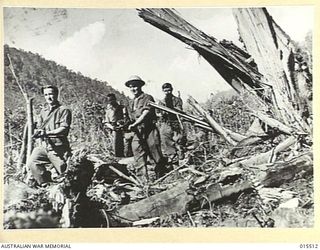 1943-08-11. NEW GUINEA. AN AUSTRALIAN PATROL MOVES FORWARD THROUGH SHATTERED TIMBER TO OBSERVATORY HILL, ALMOST DIRECTLY NORTH OF MUBO. THE ADVANCE WAS FACILITATED BY WHAT THEN WAS THE BIGGEST AIR ..