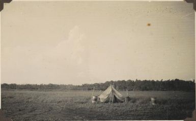 Observation tent at Popondetta Air strip with smoke cloud of Mt Lamington visible, Feb. 1951 / Albert Speer
