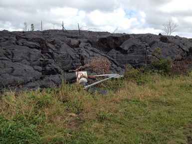 Lava engulfing a field and fence near Pahoa on the Big Island of Hawaii.