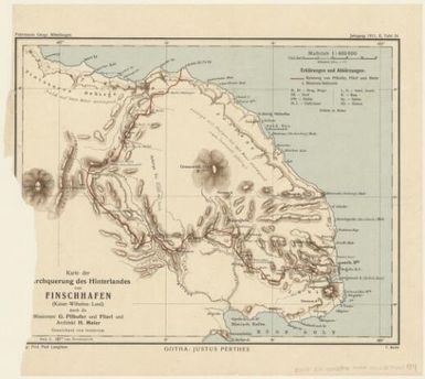 Karte der Durchquerung der Hinterlandes von Finschhafen (Kaiser-Wilhelms- Land) durch die missionare G. Pilhofer und Flierl und Architekt H. Meier / H. Meier ; C. Barich