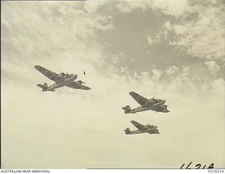 WEWAK AREA, NORTH EAST NEW GUINEA. C. 1944-10. AIRCRAFT OF NO. 8 (BEAUFORT) SQUADRON RAAF, CODE NAME UV-E, UV-S, UV-W, WING THEIR WAY HOME AFTER DROPPING BOMBS ON AN ENEMY TARGET NEAR WEWAK