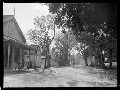 Street scene, Rarotonga, Cook Islands, includes locals on bicycles