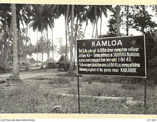 FINSCHHAFEN AREA, NEW GUINEA, 1944-03-20. ONE OF MANY BATTLE SIGNS IN THE FINSCHHAFEN AREA, THIS SIGN RECORDS ACTIVITIES OF 2/15TH AND 2/17TH INFANTRY BATTALIONS