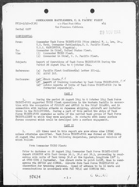 COMTASKFOR 34 - Rep of Ops in Support of the Invasion of the Palau Is & During the Carrier Air Attacks on the Philippines, 8/26/44-10/6/44