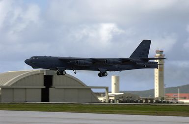 A US Air Force (USAF) B-52 Stratofortress Bomber deployed from Barksdale Air Force Base (AFB), Louisiana, takes off from Andersen AFB, Guam, in support of the 7th Air Expeditionary Wing's mission