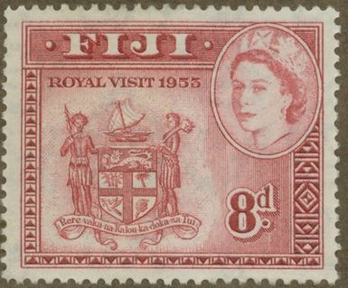 Stamp from Gösta Bodman’s philatelistic collection of motifs, begun in 1950.
Stamp from Fiji, 1955. Motif of Fiji’s weapon and Queen Elisabeth. “Royal visit 1955.”