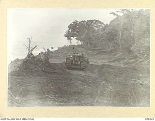 DANMAP RIVER, NEW GUINEA. 1945-01-05. SAPPER G. WILLIAMS (1) AND WX1566 MAJOR W.G. CHANDLER, OFFICER- IN- CHARGE, 2/2ND FIELD COMPANY (2), WORKING ON THE LEVELLING AND CONSOLIDATION OF THE NEW ..