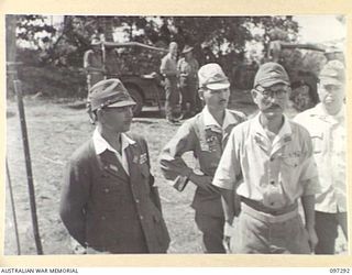 BUIN AREA, BOUGAINVILLE. 1945-09-13. HIGH RANKING JAPANESE STAFF OFFICERS WHO ATTENDED THE FIRST OF A SERIES OF CONFERENCES WITH MEMBERS OF THE AUSTRALIAN SURRENDER PARTY FROM HEADQUARTERS 2 CORPS ..