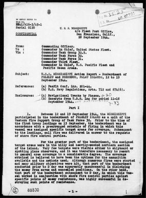 USS Mississippi - Rep of the Bombardments of Peleliu & Ngesebus Is, Palau Is, 9/12-19/44