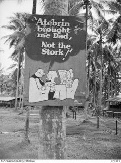 MILNE BAY SUB AREA, NEW GUINEA. 1944-02-09. PRIVATE BAY FAUVEL, OF THE 9TH DIVISION, PAINTED THIS SIGN WHICH IS ONE OF MANY HANGING IN THE RECEPTION AND GENERAL DETAILS DEPOT AREA. THIS CARTOON WAS ..