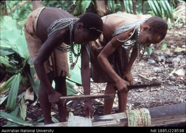 Girls felting bark by beating it with short black-palm clubs