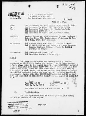 USS BIRMINGHAM - Report of Bombardments of Saipan Island, Marianas During the Period 6/26/44 to 7/5/44