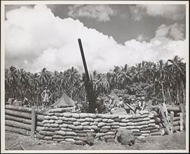 Marine anti-aircraft crew manning a 90-mm., gun keeps vigilant watch at the beach at Rendova