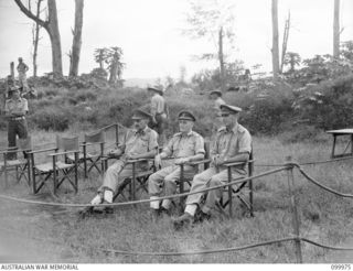 RABAUL, NEW BRITAIN, 1946-04-07. MAJOR-GENERAL B.M. MORRIS, GENERAL OFFICER COMMANDING 8 MILITARY DISTRICT (1) COLONEL E.J.T. THOMPSON, DEPUTY DIRECTOR OF MEDICAL SERVICES (2) AND LIEUTENANT R. ..