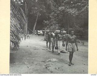 GABENSIS, NEW GUINEA, 1944-03-02. A GABENSIS NATIVE VILLAGE ALONG THE WAU - LAE ROAD, CONTAINING ABOUT 400 INHABITANTS, PLUS MANY PIGS, FOWLS AND DOGS. BUILT IN A JUNGLE CLEARING, THE VILLAGE IS ..