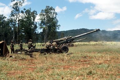 Members of Battery B, 1ST Bn., 12th Marines, prepare to fire an M-198 155mm howitzer during Operation Valiant Fire II