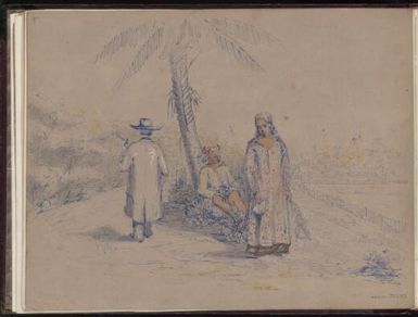 [Two native girls and European man by a palm tree] / [Charles-Claude Antiq]