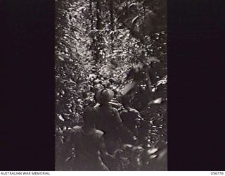 SALAMAUA AREA, NEW GUINEA. 1943-07-24. NATIVE STRETCHER BEARERS CARRYING A WOUNDED AUSTRALIAN SOLDIER BACK TO THE AUSTRALIAN ADVANCED DRESSING STATION FROM THE MOUNT TAMBU AREA