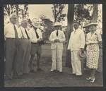 Daniel Clyne, Edward Hallstrom, unidentified man, Colonel JK Murray, unidentified man, John Grimshaw and Marie Reay, Hallstrom Livestock and Fauna Trust Station, Nondugl, Apr 1949