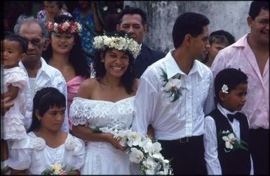 Wedding party outside church, Rarotongan wedding