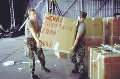 Personnel from the 345th and 21st Tactical Airlift Squadrons stack boxes of Christmas gifts which will be airdropped onto islands in Micronesia