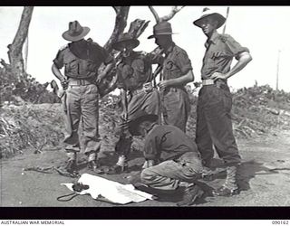 DAGUA, NEW GUINEA, 1945-03-30. LIEUTENANT-COLONEL J. A. BISHOP, GUNNERY INSTRUCTOR, 6TH DIVISION (LEFT), WITH MAJOR GENERAL J. E. S. STEVENS, GENERAL OFFICER COMMANDING 6TH DIVISION (SECOND FROM ..