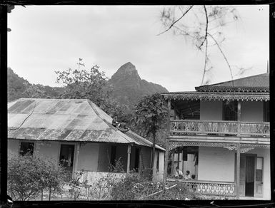 Exterior view of two houses, one is a two storey house, includes unidentified boys on a roof top eating fruit, Rarotonga, Cook Islands