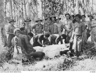 1943-04-14. NEW GUINEA. MILNE BAY. DECORATIONS FOR FUZZY-WUZZIES. NEARLY THREE THOUSAND NATIVES HELD A FEAST AT MILNE BAY AFTER SIX OF THEIR MEMBERS RECEIVED MEDALS FOR LOYAL SERVICE DURING THE ..