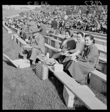 Crowd before a rugby game between Fiji and the New Zealand Maoris at Athletic Park, Wellington