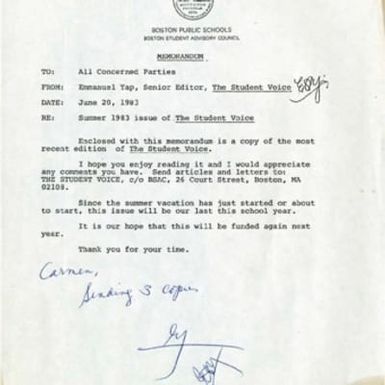 Memorandum from Emmanuel Yap about the Summer 1983 issue of The Student Voice