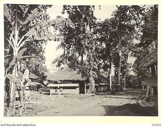 LAE, NEW GUINEA. 1944-06-07. THE G SECTION INTELLIGENCE OFFICE AT HEADQUARTERS NEW GUINEA FORCE. AT THE LEFT IS A PART OF THE SIGNAL HUT. ON THE RIGHT IS A PART OF THE STAFF DUTIES HUT