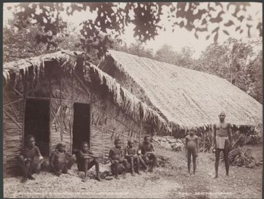 Villagers at the school and church buildings in Te Motu, Santa Cruz Islands, 1906 / J.W. Beattie