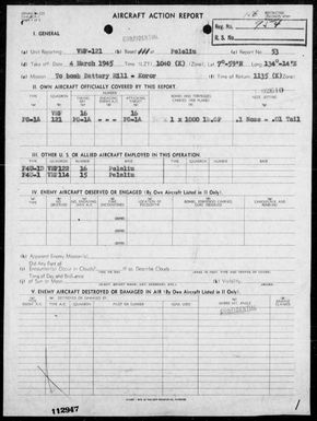 VMF-121 - ACA rep #53 - Bombing AA positions on Koror Is, Palau Is on 3/4/45