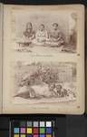 Portrait of Tongan woman and two girls in traditional and western dress, seated on woven matting, preparing kava ; Tongan girl and child in traditional and western dress, reclining on woven mat
