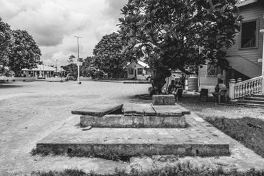 Black and white image of abandoned waterwell, Fakaofo, Tokelau