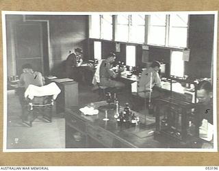 THE SEVENTEEN MILE, PORT MORESBY, NEW GUINEA. 1943-07-03. INTERIOR OF THE PATHOLOGICAL LABORATORY OF THE 2/9TH AUSTRALIAN GENERAL HOSPITAL. LEFT TO RIGHT:- NX82086 PRIVATE C.A. TOBY, SFX23901 ..