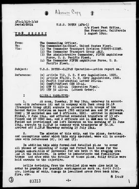 USS DOYEN - Report of Operations, Period 6/15-22/44 - Landings on Saipan Island, Marianas