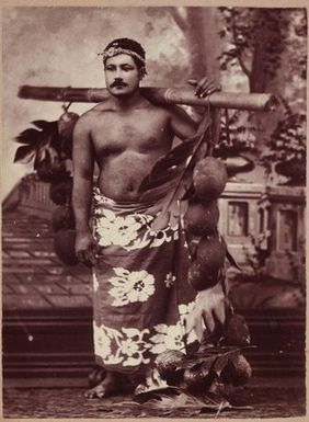 Man carrying coconuts on his shoulder. From the album: Tahiti, Samoa and New Zealand scenes