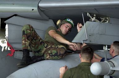 Mechanics work on an EA6B Prowler from the Marine Tactical Electronic Warfare Squadron 2 (VMAQ-2) at Marine Corps Air Station, Iwakuni, Japan in support of Exercise COPE NORTH 2002, on Andersen Air Force Base (AFB), Guam