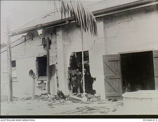 Fanning Island. 7 September 1914. Part of the exterior of the Engine Room of the Pacific Cable Board on Fanning Island after it had been destroyed by German Marines from the Nurnberg. The Nurnberg ..