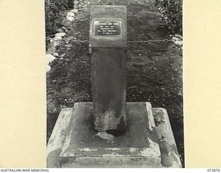 LAE, NEW GUINEA. 1944-05-03. THE MEMORIAL DEDICATED ON 1944-03-10 TO LOST COMRADES OF THE 29TH INFANTRY BRIGADE. THE BRIGADE MOTTO IS PLACED ABOVE THE ENTRANCE TO THE GRANDSTAND AT THE REAR