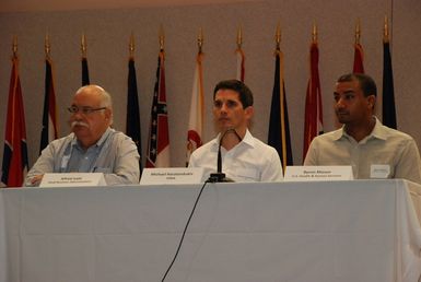 Hawaii, Aug. 23, 2012 -- Alfred Judd - Small Business Administration, Michael Haralambakis, FEMA and Byron Mason, Health and Human Services, participating in a panel discussion at the Hawaii National Disaster Recovery Framework rollout
