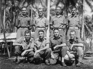 MILILAT, NEW GUINEA. 1944-07-22. PERSONNEL OF THE 5TH SURVEY BATTERY. IDENTIFIED PERSONNEL ARE:- NX108245 GUNNER W.F. LATHROPE (1); NX108239 GUNNER J. CLIFFORD (2); NX92452 GUNNER H.D. WEBSTER (3); ..