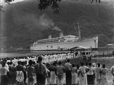 [View of a ship in a Pacific island harbour]